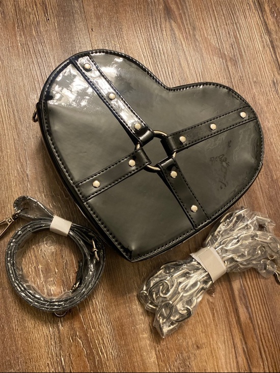 Dolls Kill Handbags - Widow dollskill Black vinyl patent heart bondage purse backpack Chain straps
